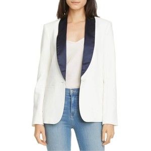 NWT L'AGENCE Women's Sz 2 White Blazer Satin Navy Contrast Lapel Smoking Jacket